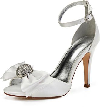 Generic Wedding Shoes Womens High Heels Satin Bridal Shoes Open Toe Stiletto Sandals Ankle Strap Prom Party Dress High Heel 10.5Cm,Ivory,9 UK
