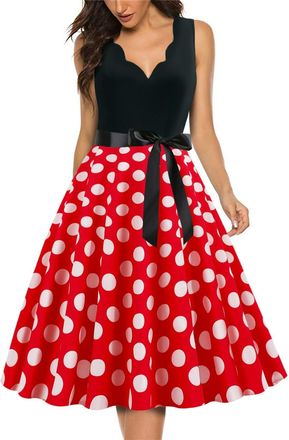 Generic Womens 50s 60s Retro V Neck Polka Dot Print A Line Rockabilly Dress Sleeveless Vintage Swing Prom Party Dresses Vintage Tea Party Cocktail Dress Gifts