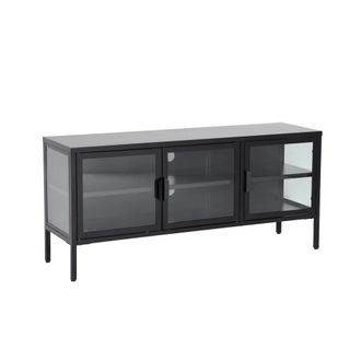 Sweeek Mueble de tv industrial 3 puertas, metal y vidrio templado, negro
