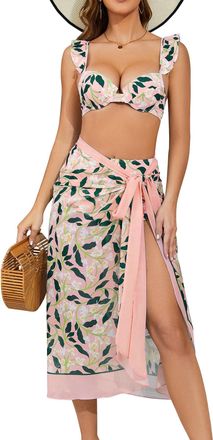 SHEKINI Womens Bikini Sets 3 piece with Long Matching Beach Warp Skirt Tummy Control Push up Adjustable Vintage Printed High Waisted Bathing Suits for Women, 