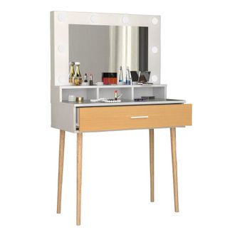 ebuy24 Mesa De Peluquer&iacute;a Vcm Dimensiones Aprox. Al. 133 X An. 80 X P. 40 Cm Mesa De Maquillaje Con Caj&oacute;n Y Espejo Mesa Cosm&eacute;tica - Lindas (blanco / Roble De