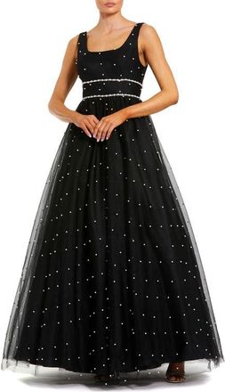 Mac Duggal Pearl Embellished Tulle Sleeveless Ball Gown in Black Ivory at Nordstrom, Size 16