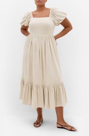 City Chic Simone Stripe Puff Sleeve Midi Dress in Stone/black at Nordstrom, Size 18W