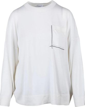Brunello Cucinelli Rondgebreide kleding - Dames - Ronde hals truien - Wit - M - Wol - Truien & Vesten