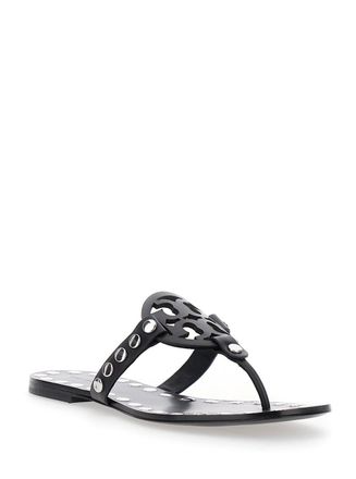 Tory Burch Womens Black Thong Sandals With Logo And Studs Cow