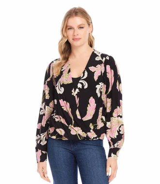 Karen Kane Dariana Drape Front Top In Pink Multi Floral Print