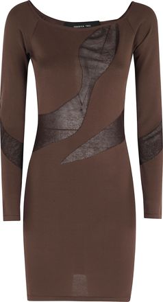 Federica Tosi Brown Semi-Sheer Inserts Boat-Neck Viscose Mini Dress