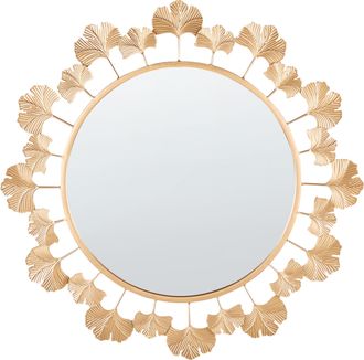 Beliani Espejo Decorativo Glamuroso Redondo 60 Cm Hojas De &Aacute;rbol De Ginkgo Sala De Estar Pasillo Dorado Codolet