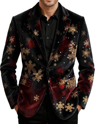 Generic Mens Christmas Blazer Corduroy Jacket Ugly Christmas Blazer Jackets Xmas Festive Costume Slim Fit Single-Breasted Suit Jacket Novelty Xmas Tuxedo Holi