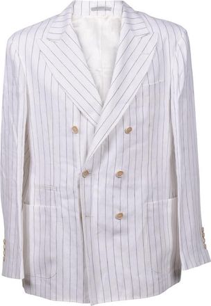 Brunello Cucinelli White Linen Double-Breasted Striped Blazer, Brand Size 46 (US Size 36)
