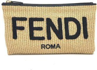 Fendi Beige Black Raffia Leather Clutch Bag Pouch (Pre-Owned)