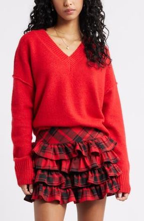BP. Oversize Cozy V-Neck Sweater in Red Salsa at Nordstrom Rack, Size Xx-Small