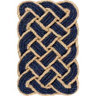 Jonathan Y Designs Maeve Classic Coastal Scalloped Basketweave Coir Indoor/Outdoor DoorMat in Navy/bleach at Nordstrom