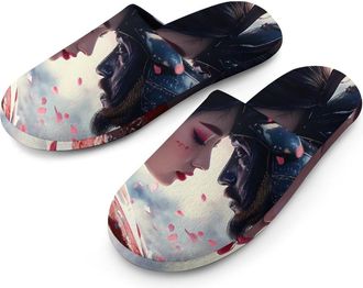 Generic Geisha And Samurai Flannel Mens Slip-on Slippers Winter Warm House Shoes with Rubber Sole for Home Hotel