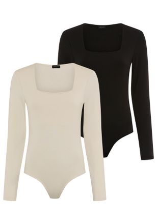 Laura Scott Langarmbody LAURA SCOTT, Damen, Gr. 34, N-Gr, schwarz (schwarz, nude), Single Jersey, Obermaterial: 95% Baumwolle, 5% Elasthan, unifarben, Basic, sehr