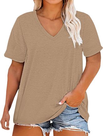 Generic Womens Linen Shirts, Cotton Shirts for Women UK Short Sleeve V Neck Oversized Tops Casual Fashion Solid Plain Basic Lightweight T-Shirt Ladies Summer 