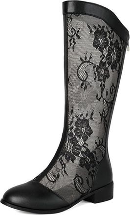 Generic Womens Round Toe Patchwork Elegant Lace Mesh Knee High Boots Comfort Low Block Heels Dress Sandals with Zipper (Black,7.5)