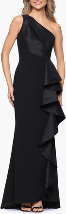 Betsy & Adam Mixed Media One-Shoulder Ruffle Gown in Black at Nordstrom, Size 10