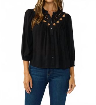 Lovestitch Embroidered Cutout Yoke Button Down Blouse In Black