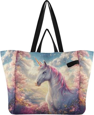 Generic Blossom Pink Unicorn Sky pattern Reusable Canvas Tote Bag, Heavy Duty Grocery Shopping Bag with Hard Bottom Double Handles Large Capacity Work Groceri