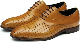 Generic Mens Lace Up Perforated Dress Shoes Low Block Heel Breathable Business Oxfords Pointed Toe Wedding Shoes for Summer,Brown,7.5 UK