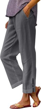 Generic Wide Leg Trousers for Women UK, Cotton Linen Trousers Womens UK Solid Color Elasticated Waist Trouser Ladies Summer Lounge Pants Plain Loose Fit Capri