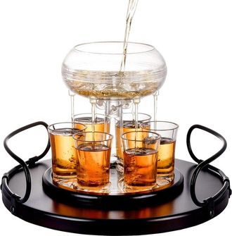 Alice Pazkus Shot Glass Dispenser With 6 Glasses On Wood Tray