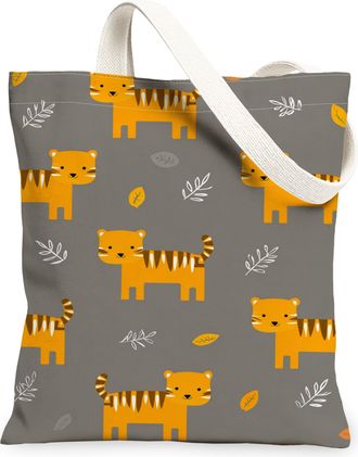 Generic Playful Tiger Canvas Tote Bags, Cute Animal Pattern Reusable Grocery Bags, Lightweight Washable Shoulder Strap Canvas for G, Gray, 13x15 Inch