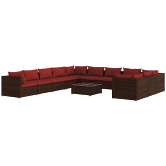 vidaXL Set Muebles De Jard&iacute;n 12 Pzas Y Cojines Rat&aacute;n Sint&eacute;tico Marr&oacute;n Vidaxl