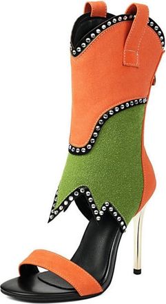 Generic Womens Glitter Rhinestone Colorblock Gladiator Sandals Open Toe Stiletto Heels Back Zipper Ankle Boots Western Shoes (Orange,7.5)