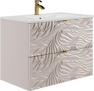 Vente-Unique Mueble de baño suspendido texturizado con lavabo empotrado - Beige - 80 cm - RINAREL