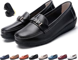 Generic Classic Womens Leather Loafers Lightweight Orthopedic Comfort Slip-On, Non-Slip Wedge Sole Work Walking Moccasins Shoes (3.5,Black)
