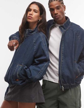 Collusion giacca di jeans oversize unisex stile track con lavaggio grunge-Blu