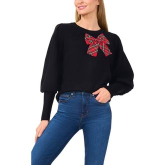 CeCe by Cynthia Steffe Plaid Bow Sweater in Rich Black at Nordstrom, Size Xx-Large