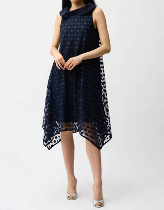 Joseph Ribkoff Polka Dot Mesh Handkerchief Dress In Midnight Blue