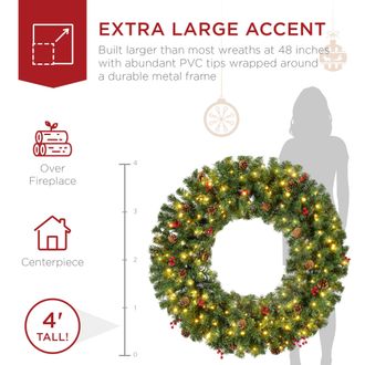Best Choice Products Pre-Lit Christmas Wreath w/Berries & Pinecones, Large Artificial Indoor/Outdoor D&eacute;cor, Plug-in