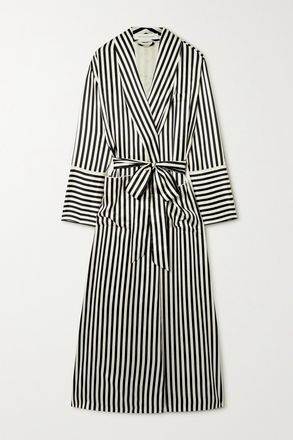 Olivia Von Halle Vestaglia In Raso Di Seta A Righe Con Cintura Capability - Nero