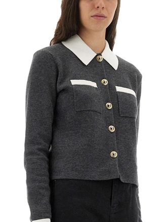 Self Portrait Wool Blend with Contrasting Collar Cardigan - Grey