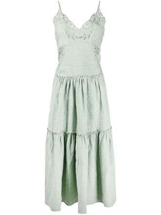 Alberta Ferretti embroidered tiered midi dress - women - Cotton/Linen/Flax - 44 - Green