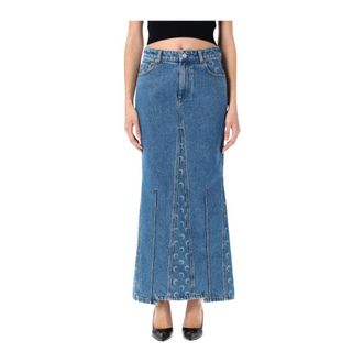 Marine Serre Denim Skirts, female, Blue, M, Crescent Moon Denim Maxi Skirt