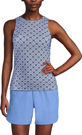 Lands End D-Cup Chlorine Resistant High Neck UPF 50 Sun Protection Modest Tankini Swimsuit Top in Lake Blue Geo Floral at Nordstrom, Size 10
