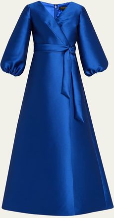 Reem Acra Bishop-Sleeve Mikado Pique Wrap Gown