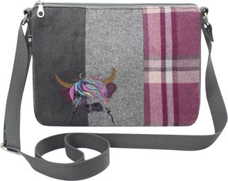 Earth Squared Fair Trade - Tweed Applique Patchwork Messenger Bag Cross Body Bag Small Satchel Style Bag for Ladies (Winton Cow Applique)