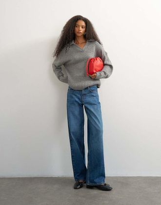 Topshop maglione polo lavorato a maglia con colletto e fondo arrotondato in lana antracite-Grigio