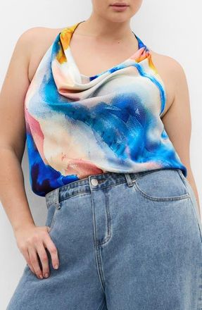 City Chic Print Cowl Neck Sleeveless Satin Top in Facet at Nordstrom, Size 10W