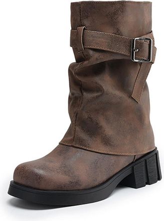Generic Womens Square Toe PU Leather Short Boots Block Heel Platform Booties Pull on Western Cowboy Boot with Buckle,Brown,4.5 UK