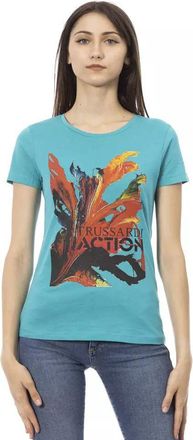 Trussardi Womens Abstract Print Tshirt Casual Tee - Turquoise Cotton - Size Medium