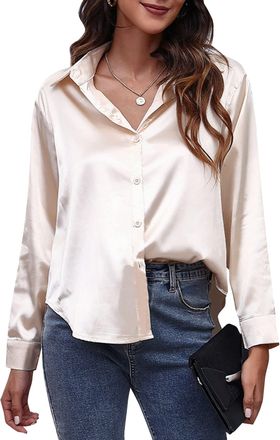 Feoya Satin Blouse for Women UK Long Sleeve Womens Silk Shirts Lapel V Neck Shirt Buton Down Tops Loose Fit Casual Bussiness Shirt Plain Collared Formal Shi