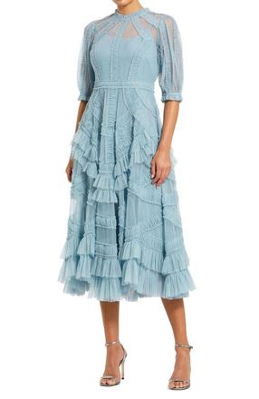 Mac Duggal High Neck Puff Sleeve Ruffle Tiered Dress in French Blue at Nordstrom, Size 14