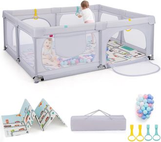 Costway Costway - Parque Infantil Bebe,189 X 158 Cm,centro De Actividades Para Beb&eacute;s De 0 A 3 A&ntilde;os Con 4 Anillas De Tiro Y 50 Bolas Pl&aacute;sticas, Puerta Y Malla,